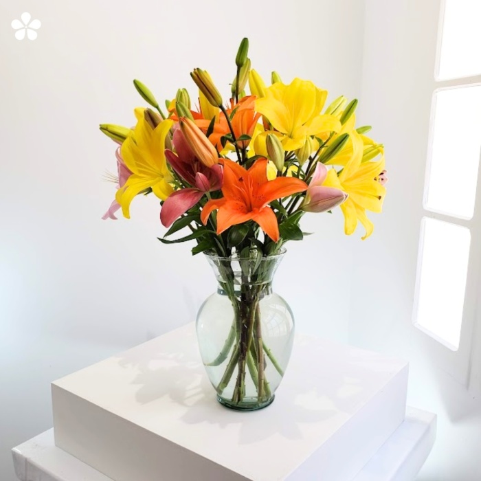 10 varas de lilis amarillas y florero de vidrio