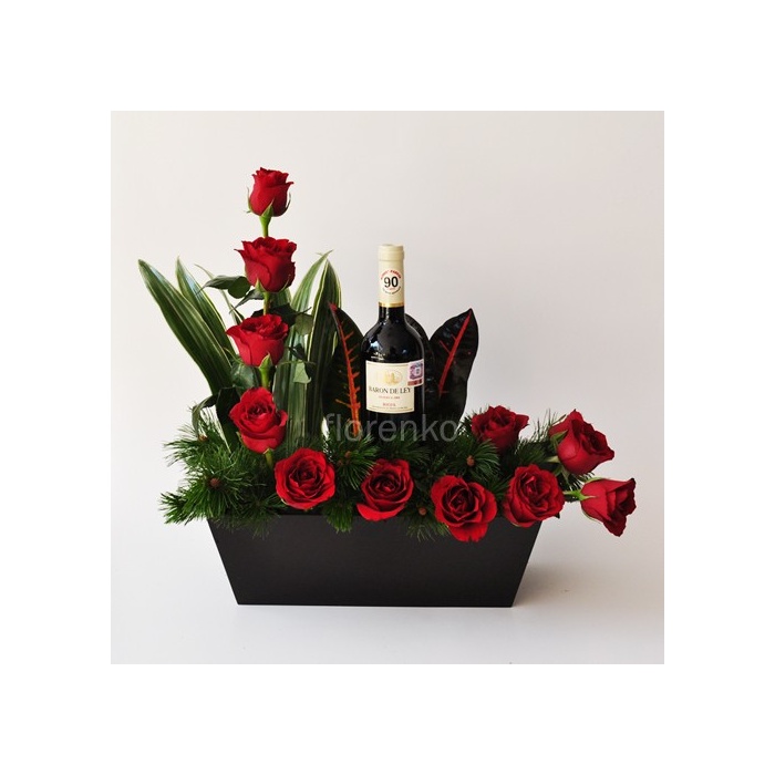 Rosas premium en jardinera y vino